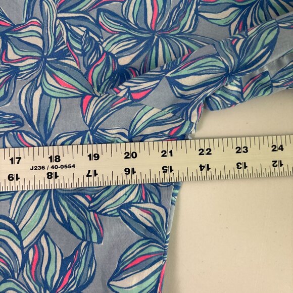 Liza Byrd Popover Top Size S Blue Pink Floral 3/4 Roll Tab Sleeve V Neck Beach - Picture 7 of 10